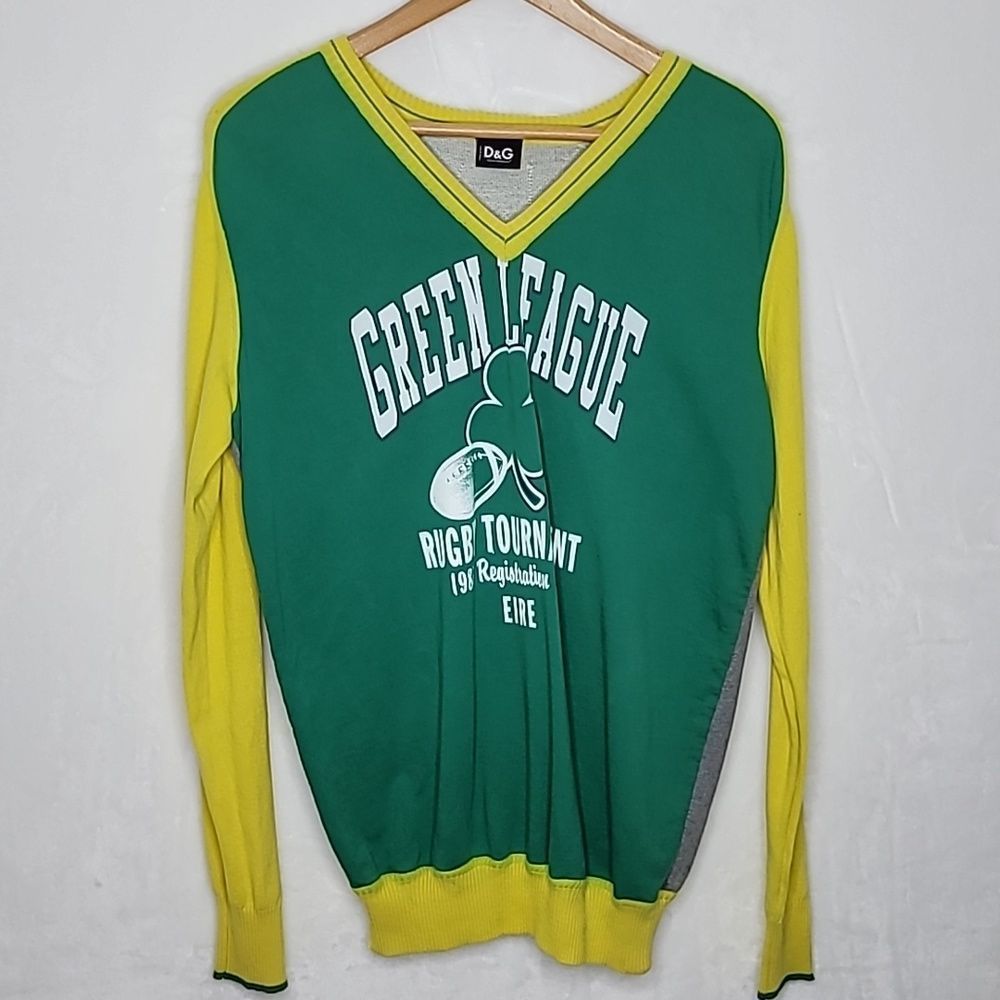 Dolce & Gabbana Vintage Green League Rugby Tournament V Neck Shirt Size Large